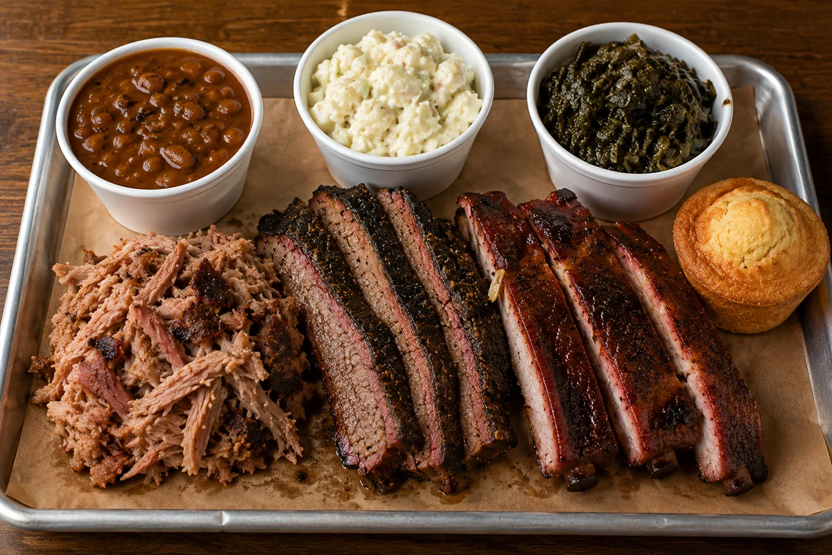 Smoking Pig BBQ Small Pack tray with ribs, brisket, pulled pork and sides